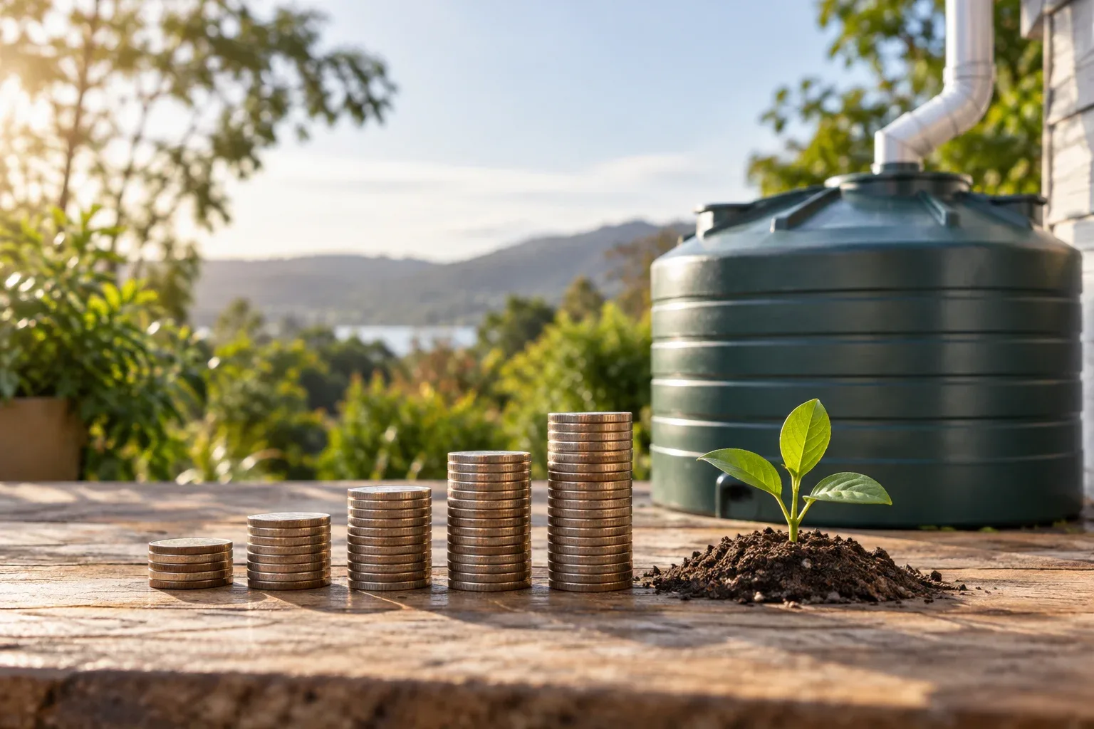 Coin stacks beside a model rainwater tank and a seedling