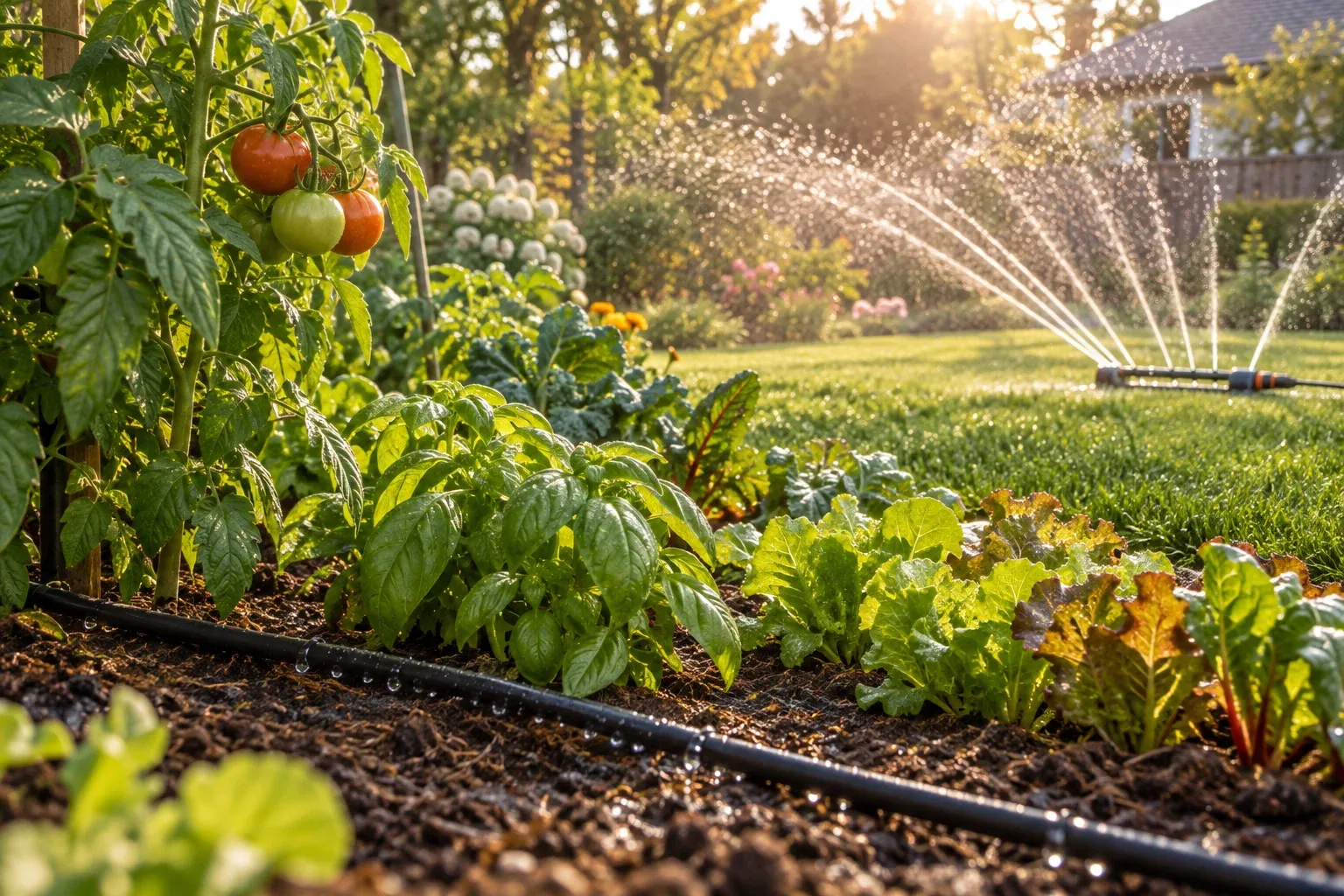 Drip irrigation at vegetables and a sprinkler on the lawn