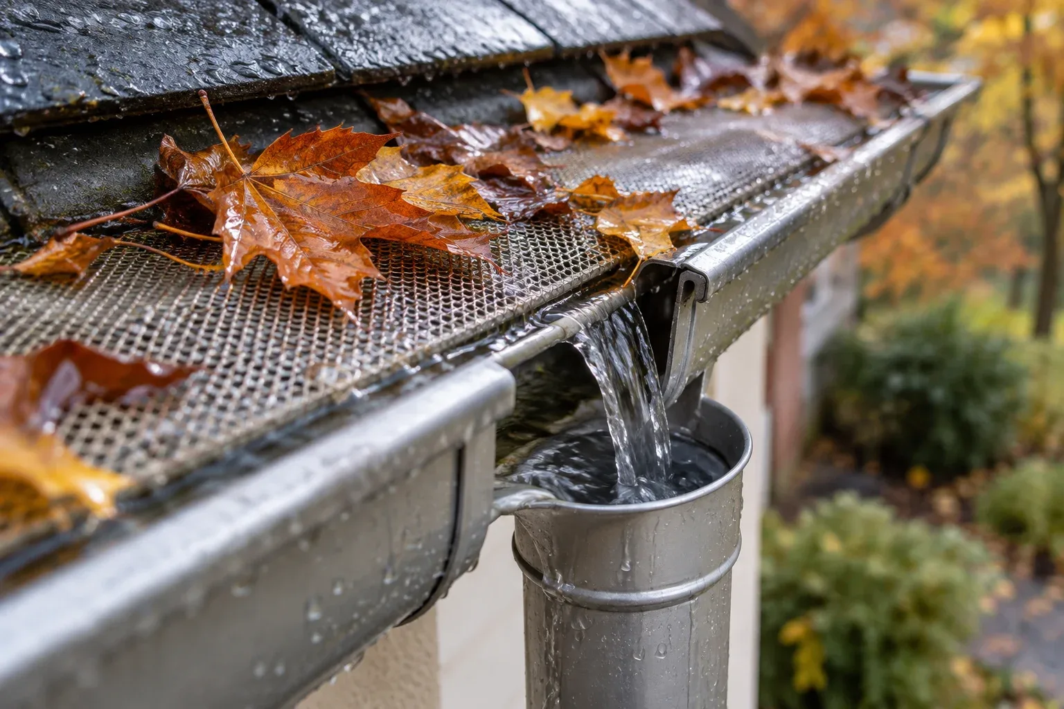 Leaves trapped by a gutter screen as water flows into the downpipe