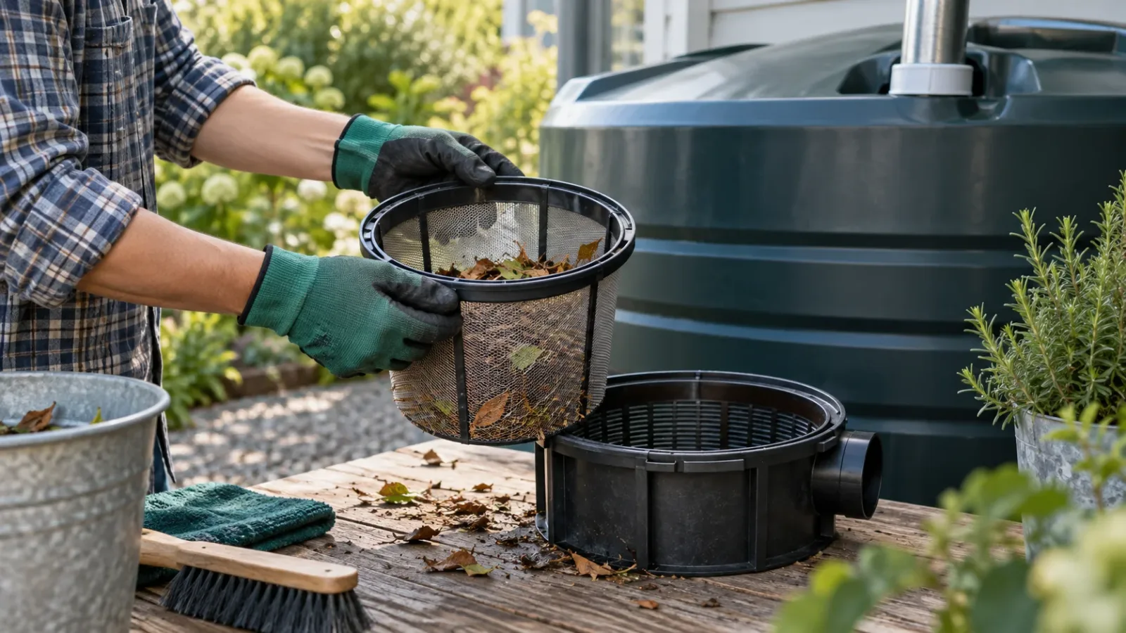 Gloved hands inspecting a leaf filter beside a tank