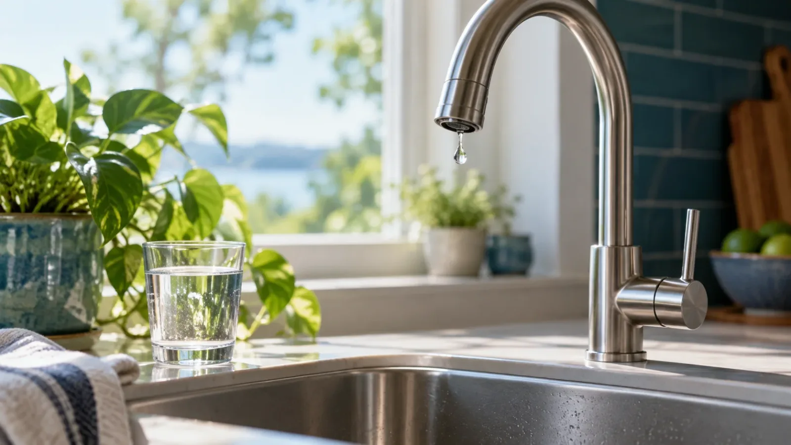 Kitchen faucet with a single droplet and a glass of water