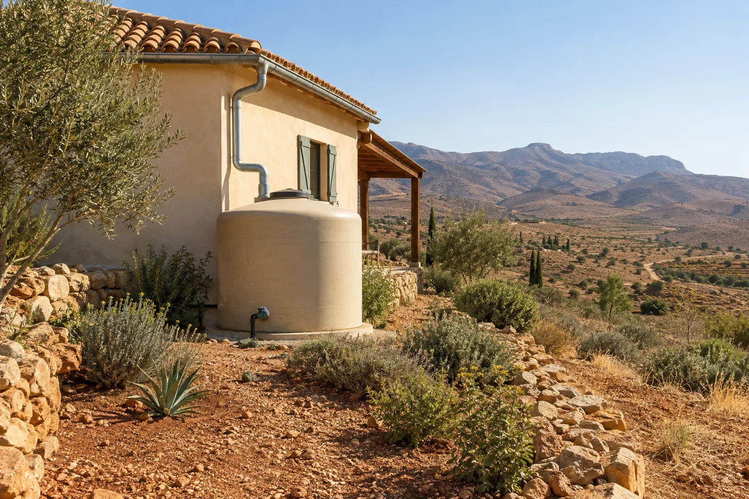 Rainwater cistern beside a Mediterranean house in a dry landscape