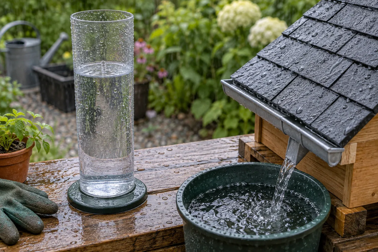 Rain gauge and a small roof model collecting water