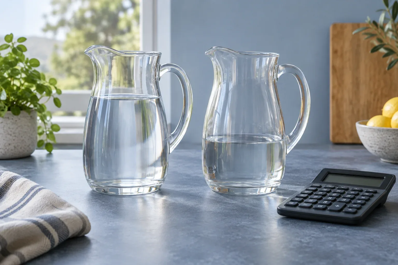 Two pitchers with different water volumes beside a calculator