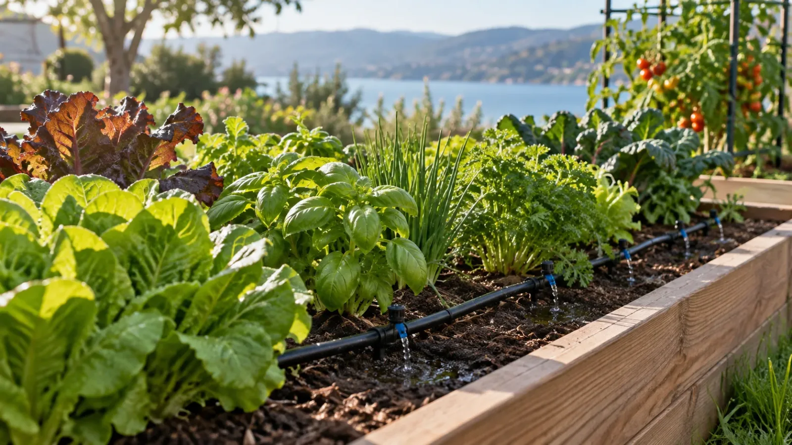 Drip irrigation lines beside vegetables in a raised bed