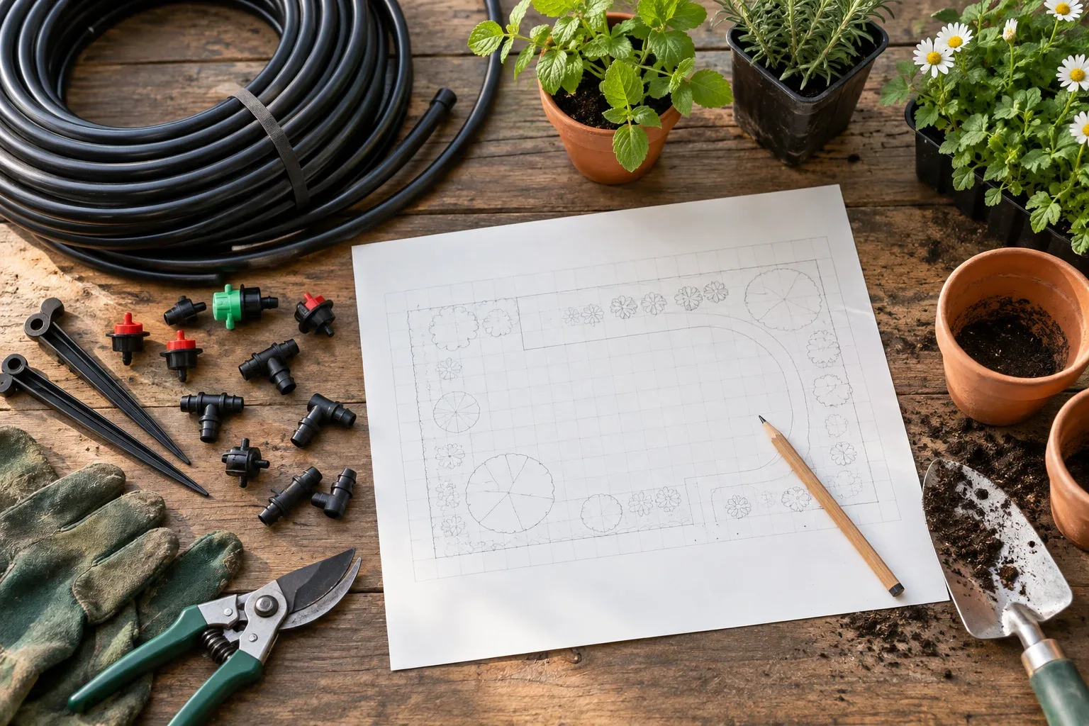 Bewässerungsschlauch und Verbinder auf einem Gartenplanungstisch