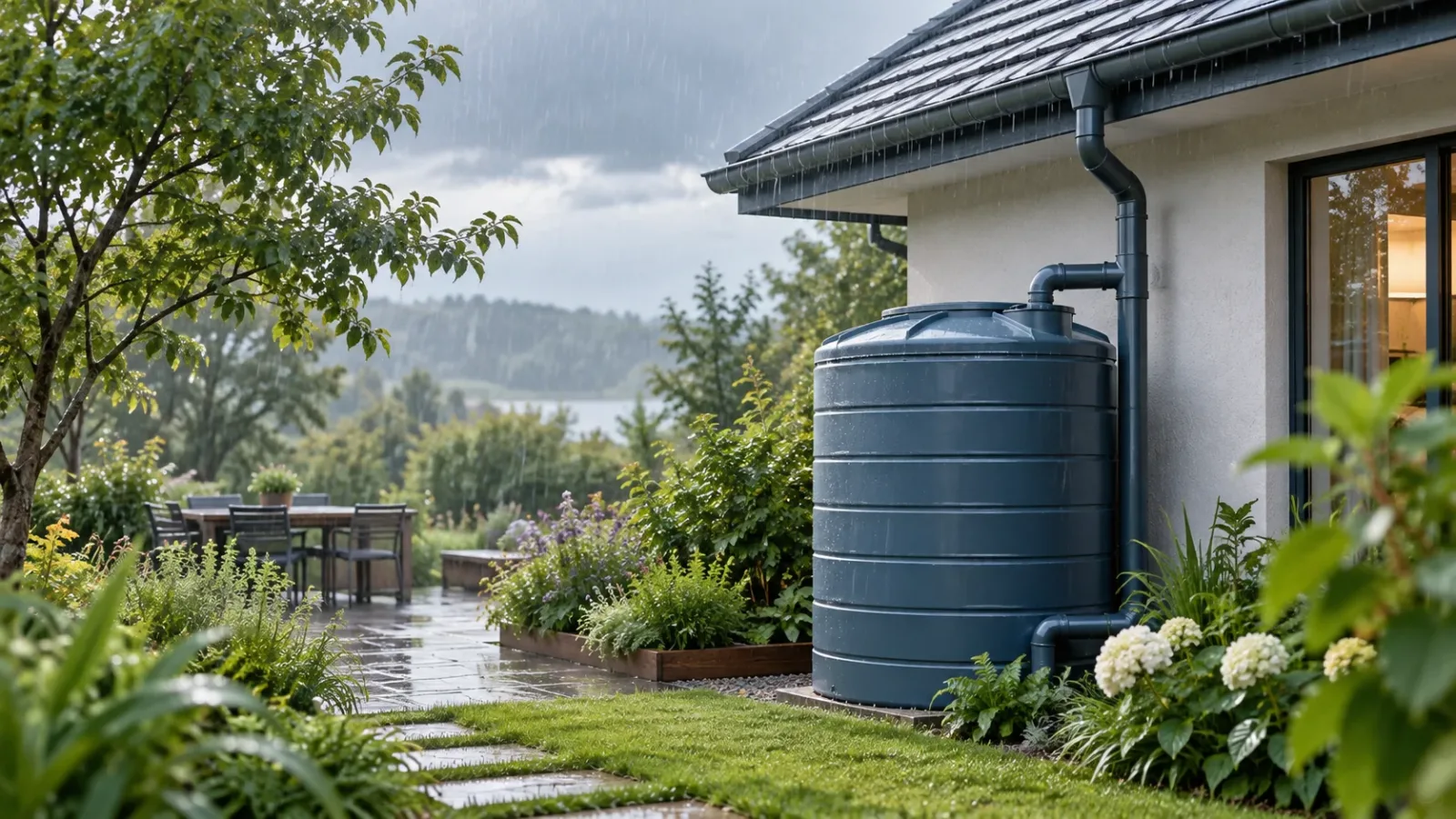 Roof and gutter connected to a rainwater tank in a garden