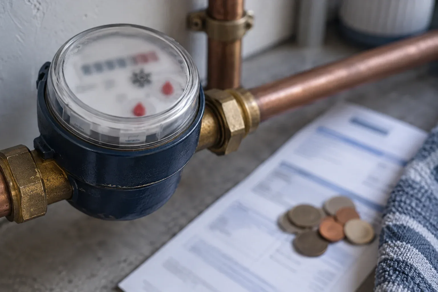 Domestic water meter beside a bill and coins